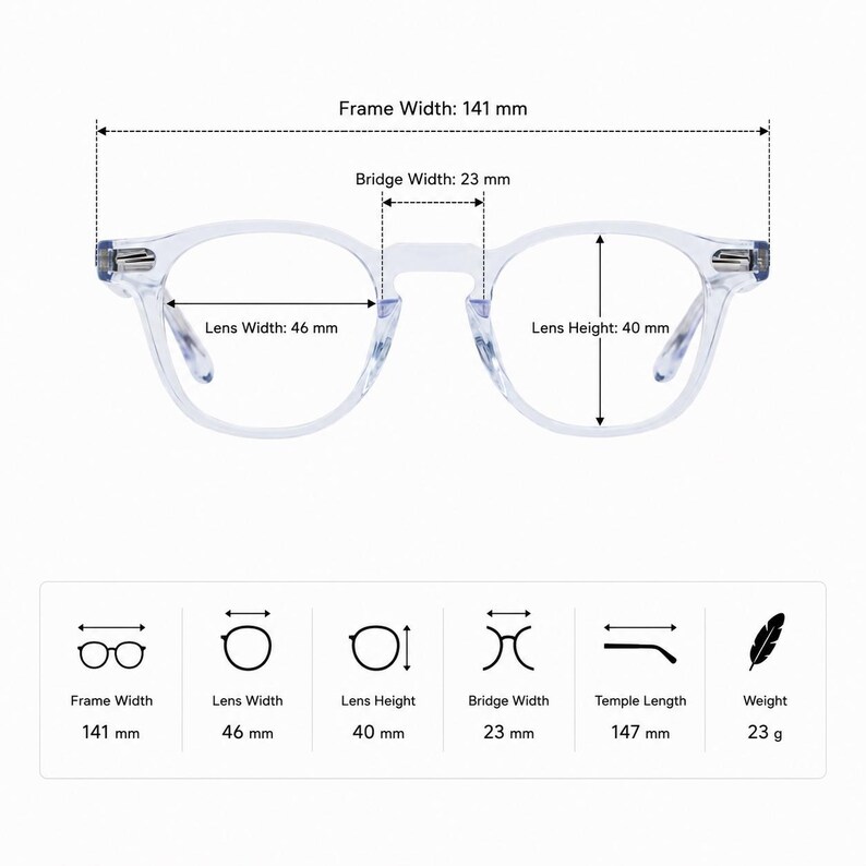 K&ouml;nnte beinhalten: Transparente Brille mit rundem Rahmen. Die Rahmenbreite betr&auml;gt 141 mm, die Linsenbreite 46 mm, die Linsenh&ouml;he 40 mm und die Stegbreite 23 mm. Die B&uuml;gell&auml;nge betr&auml;gt 147 mm und das Gewicht 23 g.