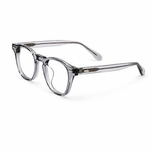 May include: Clear, round-framed eyeglasses with a subtle gray tint. The glasses have a classic design with a keyhole bridge and slender temples. The frames are made of a transparent material, offering a modern and minimalist aesthetic.