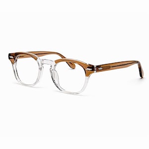 May include: Clear eyeglasses with brown temples and a square frame. The glasses have a transparent frame around the lenses and brown arms. The design is modern and stylish.