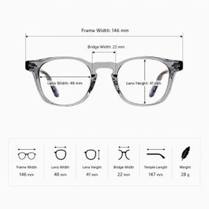 May include: Clear-framed eyeglasses with measurements: frame width 146 mm, lens width 48 mm, lens height 41 mm, bridge width 22 mm, temple length 147 mm, and weight 28 g. The glasses have a round lens shape.