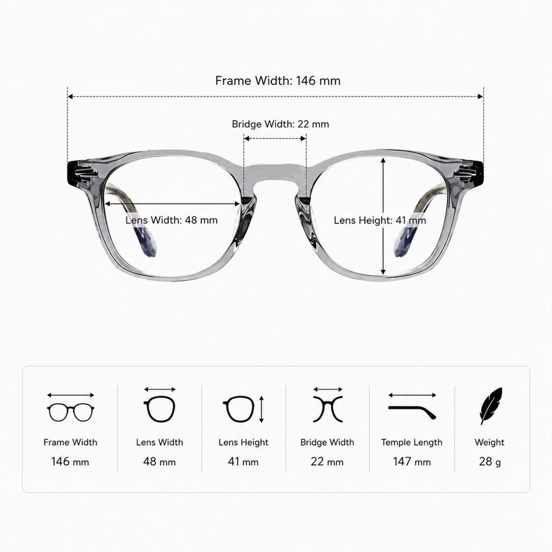 May include: Clear-framed eyeglasses with measurements: frame width 146 mm, lens width 48 mm, lens height 41 mm, bridge width 22 mm, temple length 147 mm, and weight 28 g. The glasses have a round lens shape.