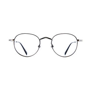 May include: Round eyeglasses with thin, dark metallic frames and clear lenses. The bridge features a textured, cross-hatched pattern, and the temples are slender with a metallic finish. The overall design is simple, featuring circular rims.