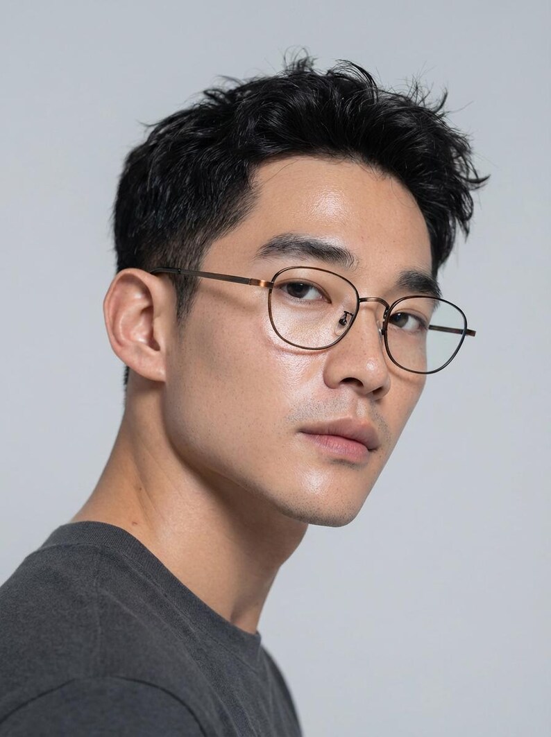 May include: Close-up of a person wearing round, thin-framed spectacles with a bronze finish. The spectacles have a classic design. The person is wearing a dark grey t-shirt.