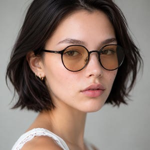 May include: Round-framed glasses with thin black metal rims and light amber-tinted lenses. The eyewear features a classic bridge design and slender temples, providing a clear view of the circular frame shape and the warm, translucent lens color.