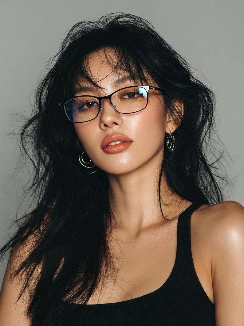 Puede incluir: Una persona con gafas de montura negra y pendientes de aro. La persona tiene el pelo largo y oscuro y lleva una camiseta sin mangas negra. El fondo es gris liso.