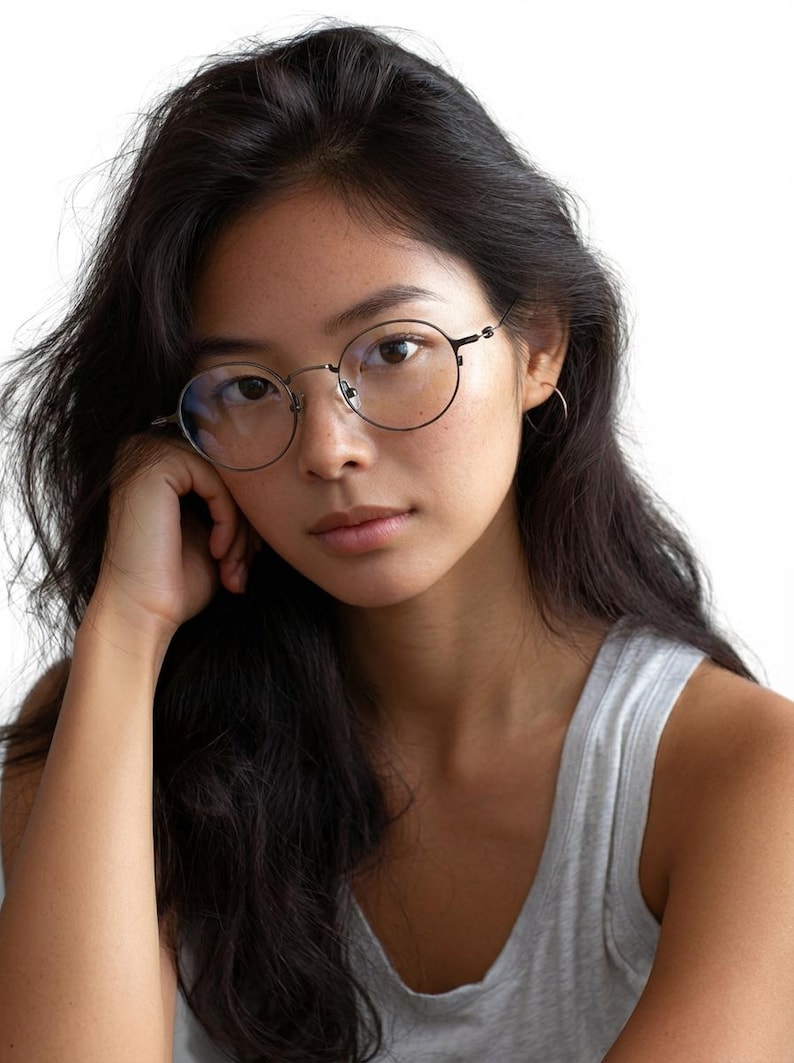 May include: Round-framed eyeglasses with thin, dark metal rims and clear lenses. The frames feature a minimalist bridge and slender temples, providing a classic, lightweight look. These glasses are designed with a simple, circular shape that rests comfortably on the face, offering a clear view through the transparent lenses.