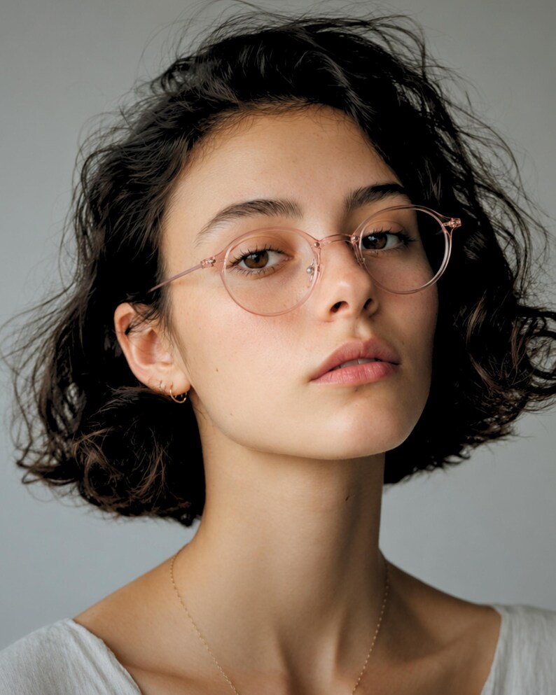 May include: Round eyeglasses with a translucent, pale pink frame and thin, matching temples. The glasses feature a classic circular shape with a bridge and nose pads, providing a clear view of the lenses and the frame's lightweight construction.