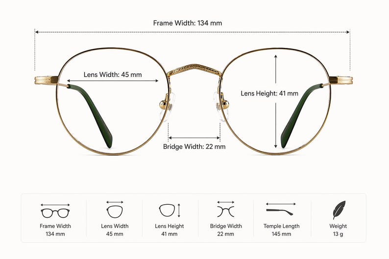 May include: Gold-rimmed eyeglasses with green temples. The frame width is 134 mm, lens width is 45 mm, lens height is 41 mm, and bridge width is 22 mm. The temple length is 145 mm, and the weight is 13 g.