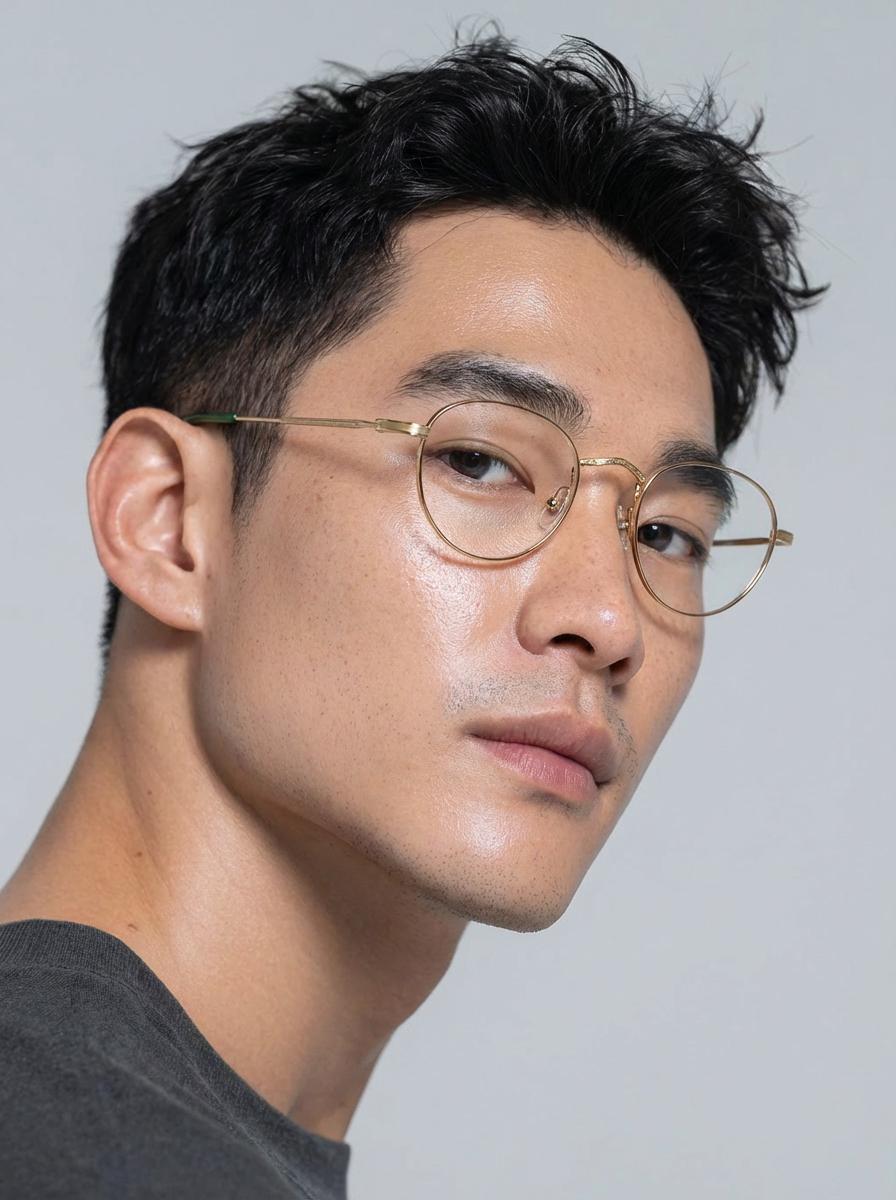 Minimalist Gold Round Eyeglasses with Green Tips | Lightweight Stainless Steel Korean Design — view 4