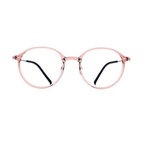 May include: Round eyeglasses featuring a translucent, light pink plastic frame. The glasses have a thin bridge and slim, dark-colored temple arms that extend from the sides of the circular rims, providing a clear view of the lenses.