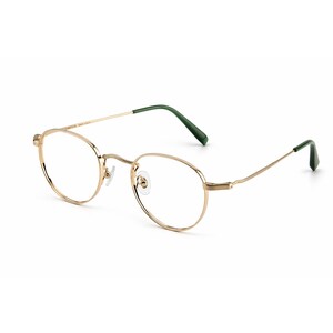May include: Gold-rimmed eyeglasses with oval lenses and green temple tips. The glasses have a thin, delicate frame and clear lenses. The design is modern and minimalist, suitable for everyday wear.