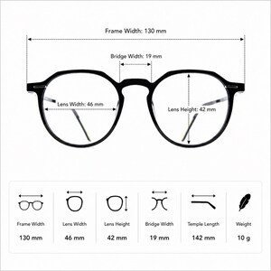 May include: Black eyeglasses with round lenses. The frame width is 130 mm, lens width is 46 mm, lens height is 42 mm, and bridge width is 19 mm. The temple length is 142 mm, and the weight is 10 g.