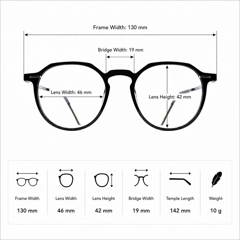 May include: Black eyeglasses with round lenses. The frame width is 130 mm, lens width is 46 mm, lens height is 42 mm, and bridge width is 19 mm. The temple length is 142 mm, and the weight is 10 g.