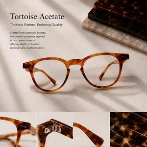 Puede incluir: Gafas de montura redonda con un patr&oacute;n de acetato carey. Las gafas tienen un dise&ntilde;o cl&aacute;sico con un puente de cerradura y se muestran con detalles de primer plano de la montura y las bisagras. El texto de la imagen dice "Tortoise Acetate" y "Timeless Pattern, Enduring Quality."
