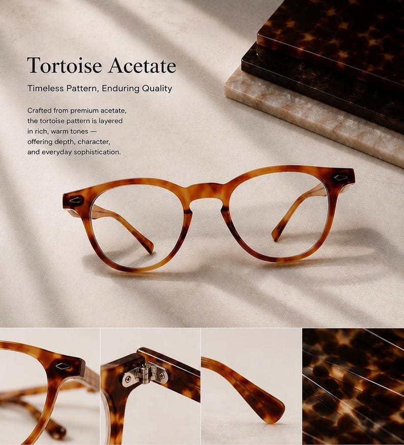 Puede incluir: Gafas de montura redonda con un patr&oacute;n de acetato carey. Las gafas tienen un dise&ntilde;o cl&aacute;sico con un puente de cerradura y se muestran con detalles de primer plano de la montura y las bisagras. El texto de la imagen dice "Tortoise Acetate" y "Timeless Pattern, Enduring Quality."