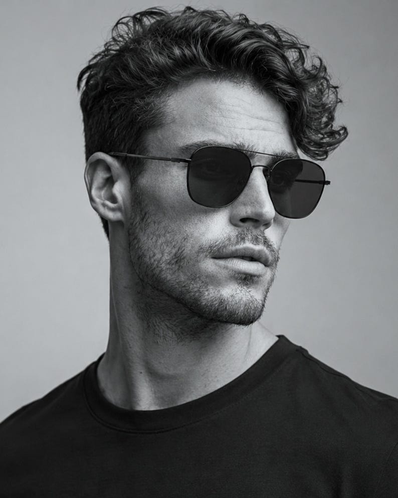 May include: Black metal aviator sunglasses with a thin double bridge and dark tinted lenses. The frame features a square-shaped silhouette with rounded edges, thin temples, and adjustable nose pads, providing a sleek and functional eyewear design.