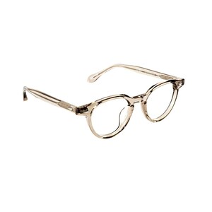 May include: A pair of round-framed eyeglasses with a translucent, light brown frame. The glasses have a classic design, with thin temples and a bridge. The lenses are clear, and the overall aesthetic is modern and minimalist.