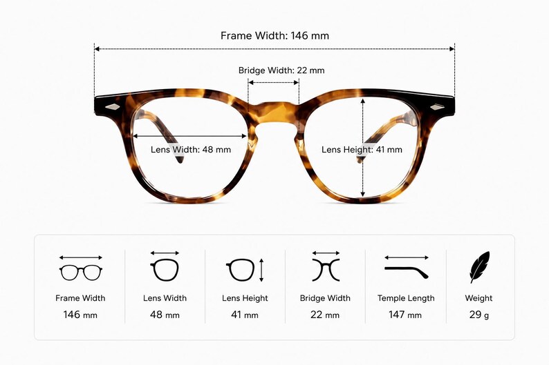 Puede incluir: Gafas de carey con medidas: ancho de montura 146 mm, ancho de lente 48 mm, altura de lente 41 mm, ancho de puente 22 mm, longitud de patilla 147 mm y peso 29 g. Dise&ntilde;o cl&aacute;sico.