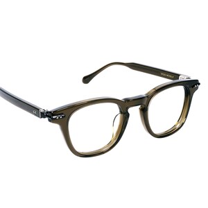 May include: A pair of olive green eyeglasses with a rounded square frame. The glasses have clear lenses and dark temples. The frame is made of a translucent material. The glasses are set against a white background.