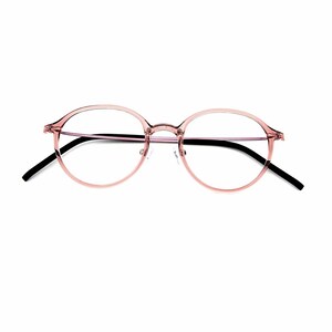 May include: Round eyeglasses featuring a translucent, light pink plastic frame. The thin temples are black, providing a contrast to the soft-colored front. These glasses have a bridge and clear lenses, designed with a simple, functional structure.