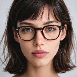 May include: Tortoiseshell eyeglasses with a rounded frame shape and a keyhole bridge. The frames feature a dark brown and amber mottled pattern with small silver-toned metal accents at the outer corners of the lenses and on the temples.