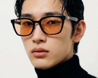 Minimale schwarze quadratische Sonnenbrille | koreanisches Design, gelb getönte Gläser