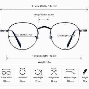 May include: Dark metal eyeglasses with round frames. Dimensions include a 130 mm frame width, 22 mm bridge width, 43 mm lens width, 39 mm lens height, and 145 mm temple length. The glasses weigh 13 grams. Technical specifications are printed on the image.