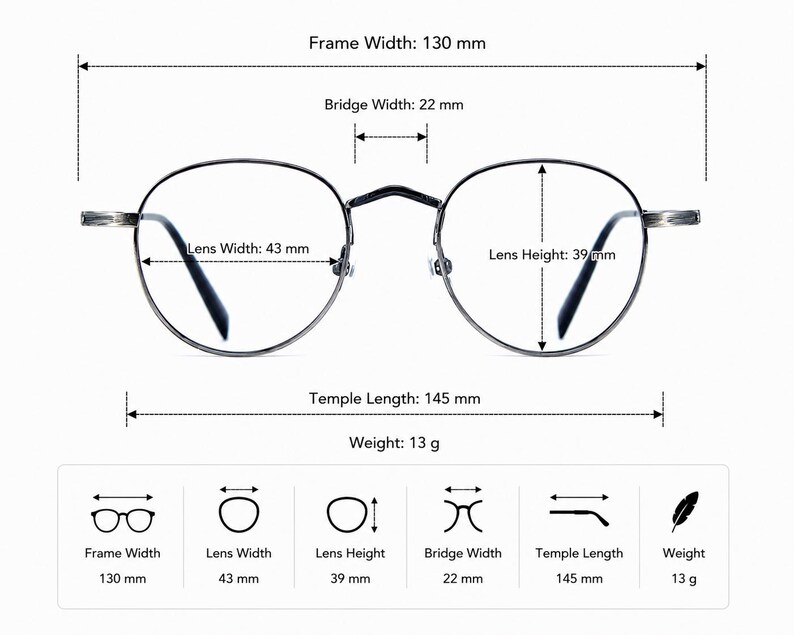 May include: Dark metal eyeglasses with round frames. Dimensions include a 130 mm frame width, 22 mm bridge width, 43 mm lens width, 39 mm lens height, and 145 mm temple length. The glasses weigh 13 grams. Technical specifications are printed on the image.