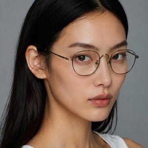 May include: A person wearing round, gold-rimmed eyeglasses. The glasses have a thin frame and are positioned on the bridge of the nose. The person has dark hair and is wearing a white top.