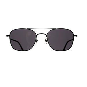 May include: Black sunglasses featuring a thin metal frame with a double bridge design and dark, tinted lenses. The rounded square frames are connected by a slender top bar, creating a sleek and uniform appearance with dark temple arms visible.