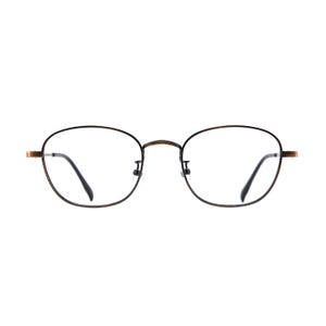 May include: Round-framed spectacles with a black metal frame and brown accents on the temples. The lenses are clear, and the bridge and nose pads are a dark brown colour. The spectacles have a classic, minimalist design.
