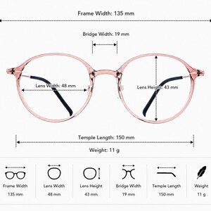 May include: Rose gold round glasses with black temple tips. Dimensions: 135 mm frame width, 19 mm bridge width, 48 mm lens width, 43 mm lens height, 150 mm temple length, and 11 g weight. The image includes technical labels for each measurement.