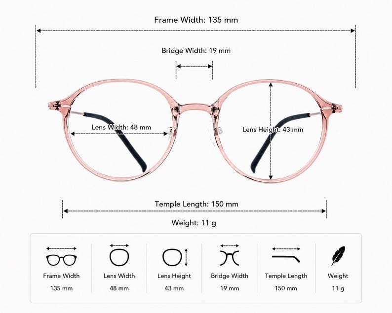 May include: Rose gold round glasses with black temple tips. Dimensions: 135 mm frame width, 19 mm bridge width, 48 mm lens width, 43 mm lens height, 150 mm temple length, and 11 g weight. The image includes technical labels for each measurement.