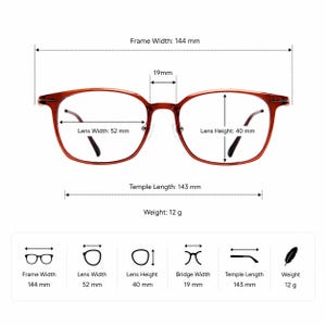 K&ouml;nnte beinhalten: Rotbraune Brille mit rechteckigem Rahmen. Die Rahmenbreite betr&auml;gt 144 mm, die Linsenbreite 52 mm, die Linsenh&ouml;he 40 mm und die B&uuml;gell&auml;nge 143 mm. Gewicht: 12 g. Stegbreite: 19 mm.