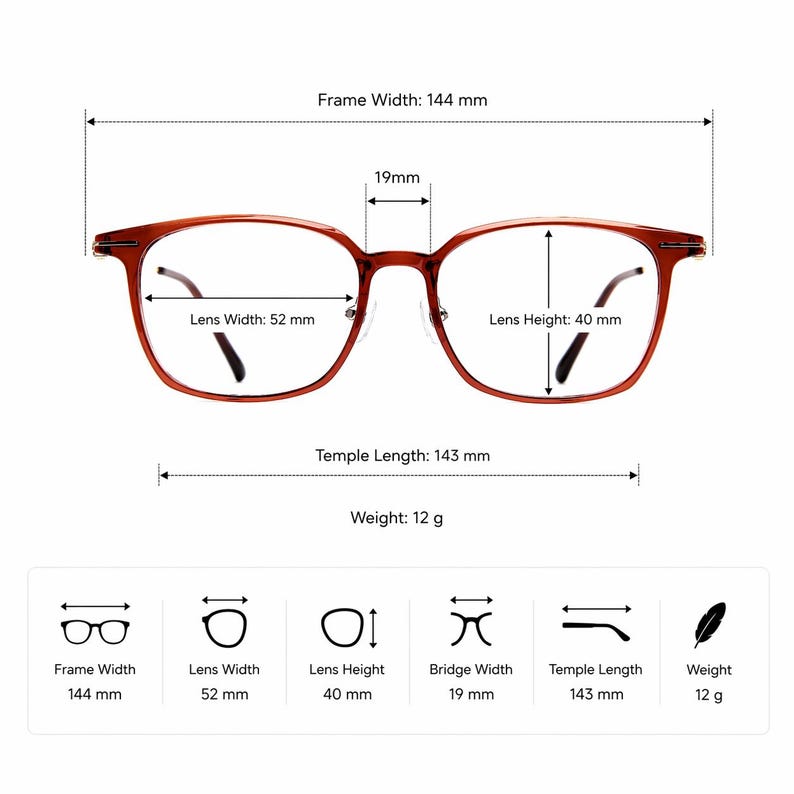 K&ouml;nnte beinhalten: Rotbraune Brille mit rechteckigem Rahmen. Die Rahmenbreite betr&auml;gt 144 mm, die Linsenbreite 52 mm, die Linsenh&ouml;he 40 mm und die B&uuml;gell&auml;nge 143 mm. Gewicht: 12 g. Stegbreite: 19 mm.