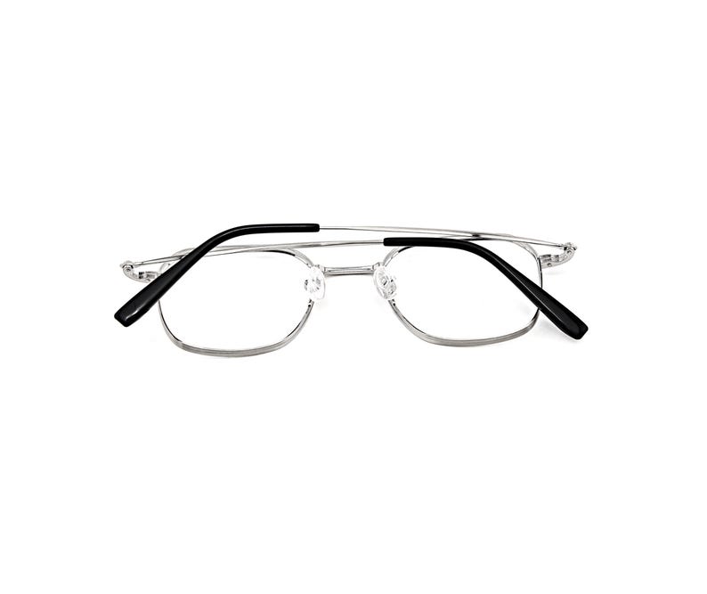 May include: Silver-toned metal eyeglasses featuring a thin, rectangular frame design. The glasses include clear lenses and black plastic temple tips on the ends of the thin metal arms, providing a contrast to the metallic silver finish of the frame.