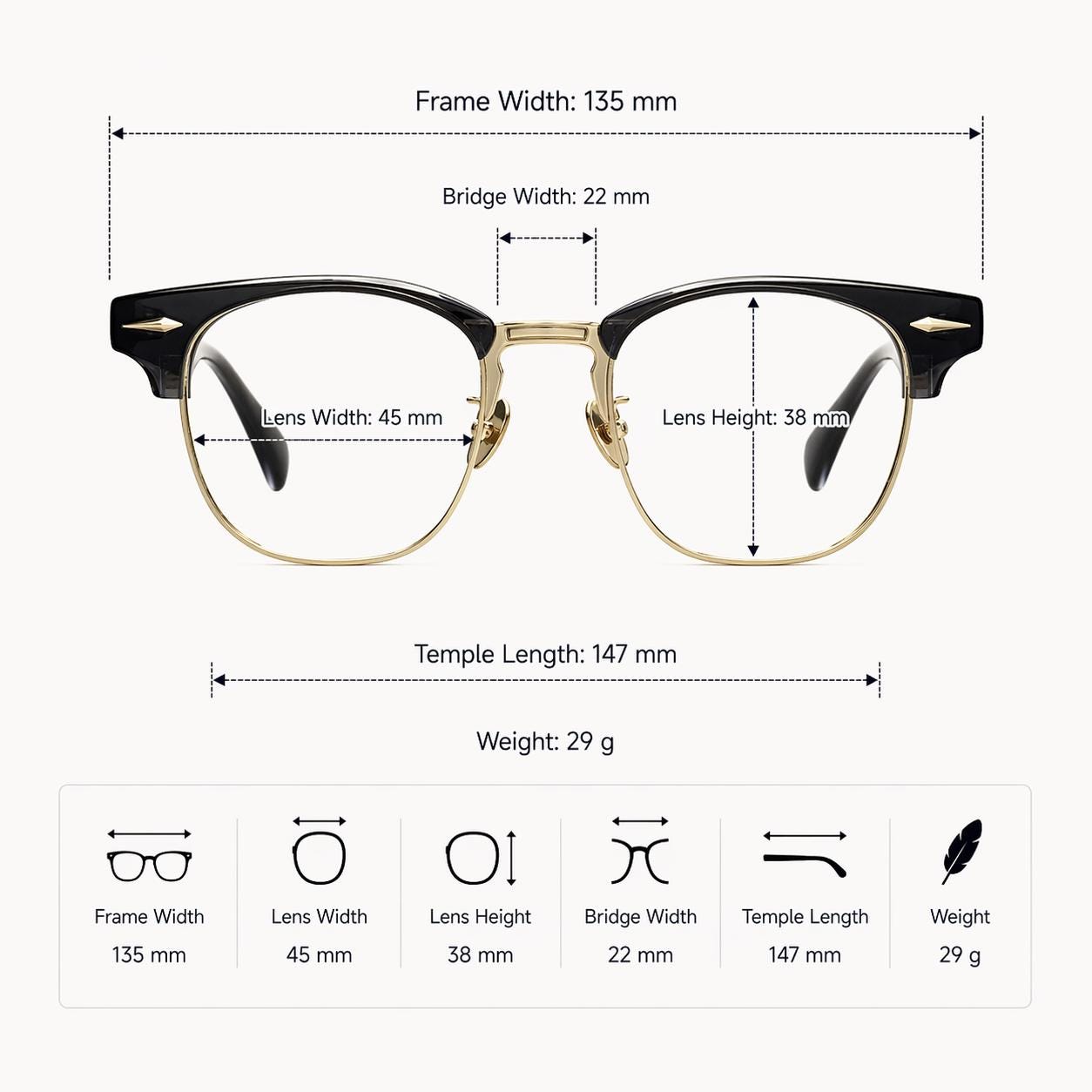 Black Gold Browline Glasses | Vintage Style Square Eyewear | Asian Fit — view 10