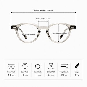 May include: Clear-framed eyeglasses with round lenses. The frame width is 140 mm, lens width is 47 mm, and lens height is 40 mm. Bridge width is 21 mm, temple length is 147 mm, and the weight is 24 g. The image includes labeled measurements.