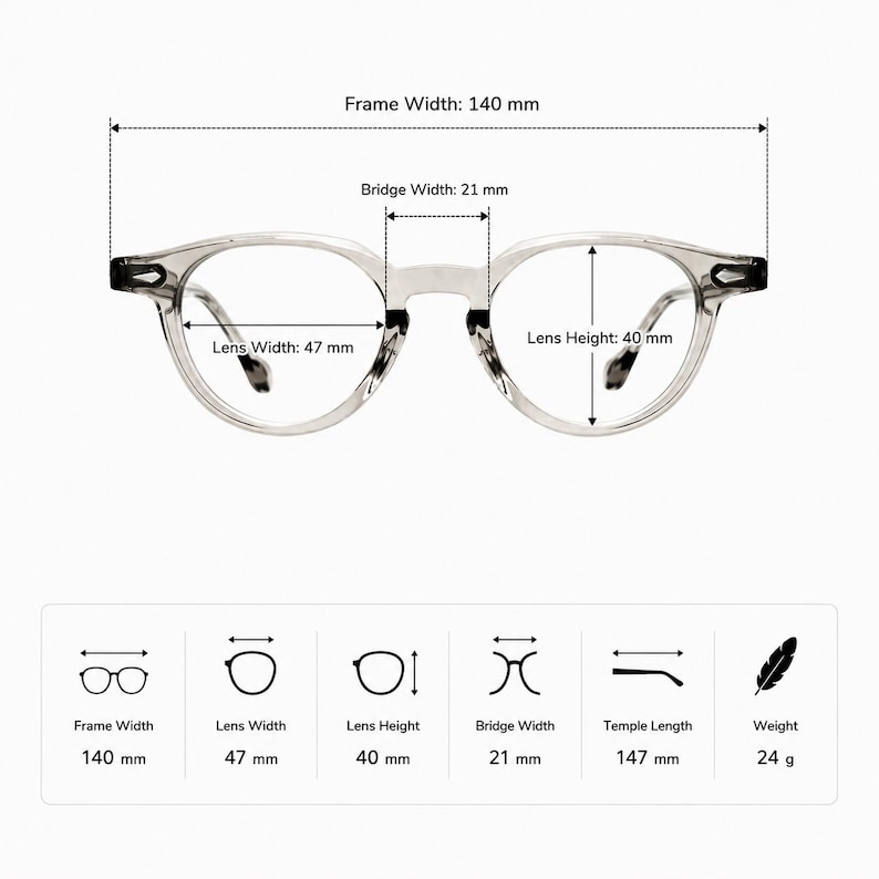 May include: Clear-framed eyeglasses with round lenses. The frame width is 140 mm, lens width is 47 mm, and lens height is 40 mm. Bridge width is 21 mm, temple length is 147 mm, and the weight is 24 g. The image includes labeled measurements.