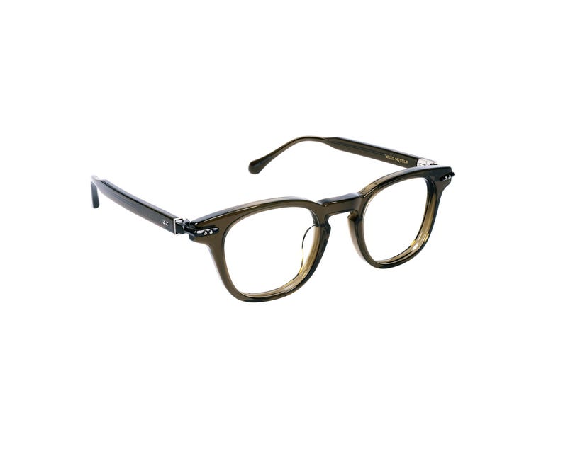 May include: A pair of eyeglasses with a dark olive green frame. The glasses have a rectangular shape with rounded edges and clear lenses. The temples are thin and extend back to curved ear pieces.