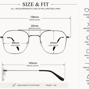 May include: A technical diagram showing the size and fit of metal-framed eyeglasses. The frame width is 138mm, bridge width is 20mm, lens width is 48mm, lens height is 41mm, and temple length is 145mm. The total weight of the glasses is 16 grams.