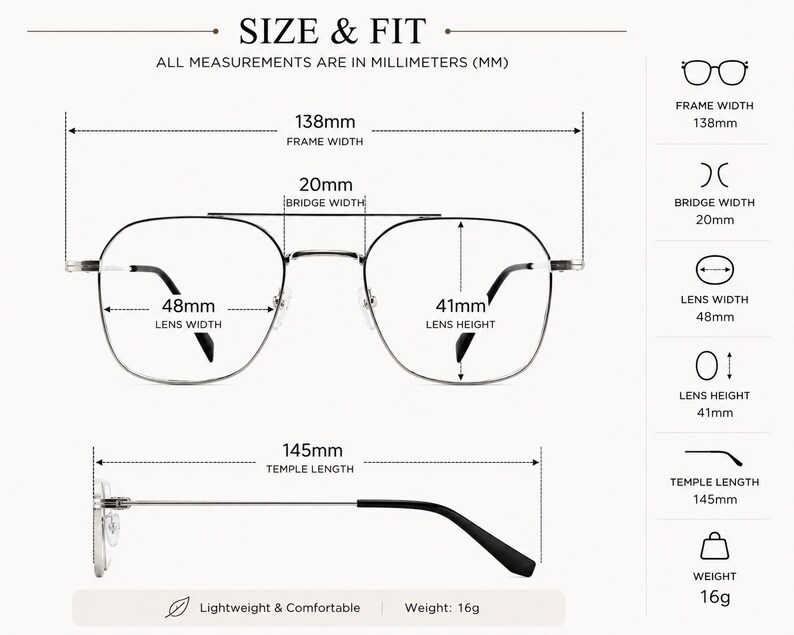 May include: A technical diagram showing the size and fit of metal-framed eyeglasses. The frame width is 138mm, bridge width is 20mm, lens width is 48mm, lens height is 41mm, and temple length is 145mm. The total weight of the glasses is 16 grams.