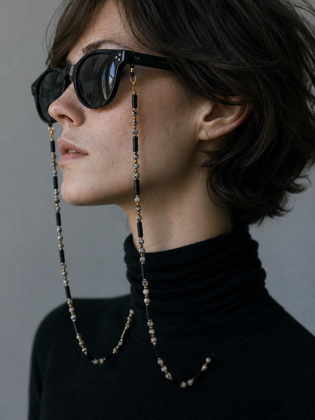 Dalmatian Jasper Eyewear Chain | Natural Gemstone Glasses Chain | Black Onyx & Gold Accent Sunglasses Holder | Handmade Eyeglass Necklace