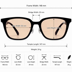 May include: Black square-framed sunglasses with light brown lenses. The frame width is 148 mm, lens width is 55 mm, lens height is 39 mm, bridge width is 20 mm, and temple length is 147 mm. The weight is 24 g.