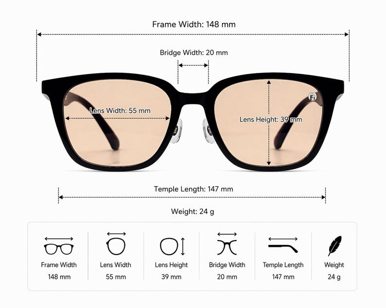 May include: Black square-framed sunglasses with light brown lenses. The frame width is 148 mm, lens width is 55 mm, lens height is 39 mm, bridge width is 20 mm, and temple length is 147 mm. The weight is 24 g.