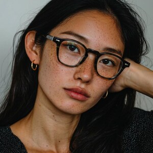 May include: A portrait of a person wearing square, dark-framed eyeglasses and small gold hoop earrings. The person has dark hair and freckles. The person is wearing a black top with white polka dots.