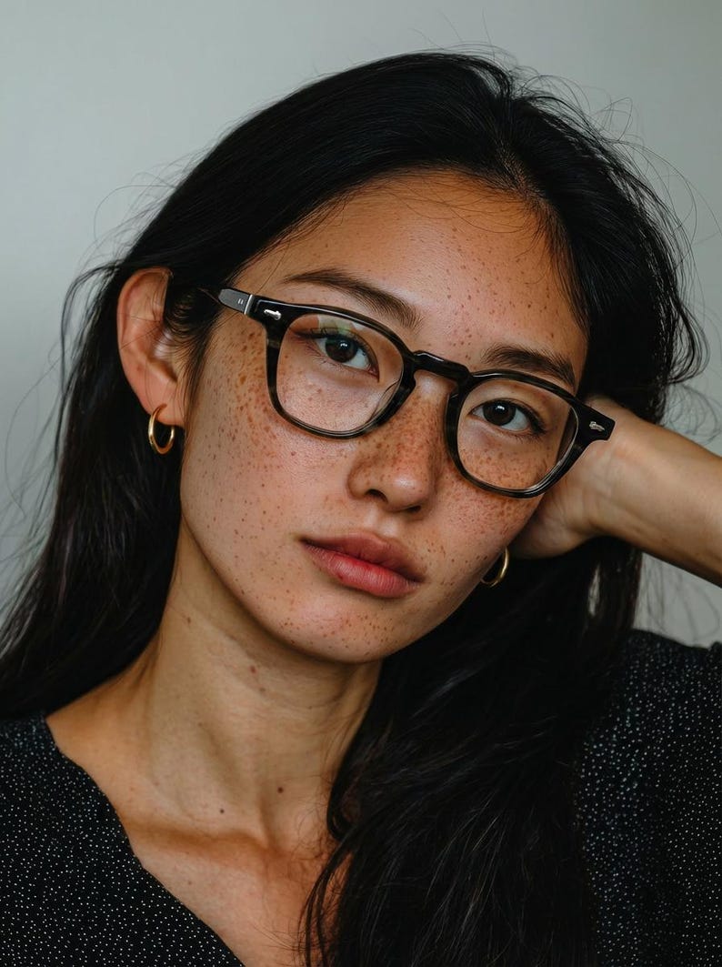 May include: A portrait of a person wearing square, dark-framed eyeglasses and small gold hoop earrings. The person has dark hair and freckles. The person is wearing a black top with white polka dots.
