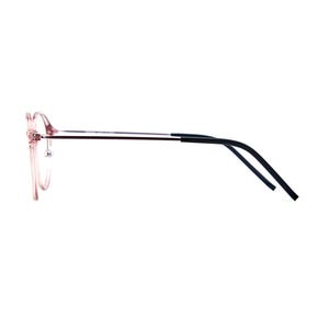 May include: A pair of eyeglasses with a translucent pink frame and thin metal temples. The temple tips are covered in black material. The glasses are shown from a side profile view, highlighting the round lens shape and the slender bridge design.