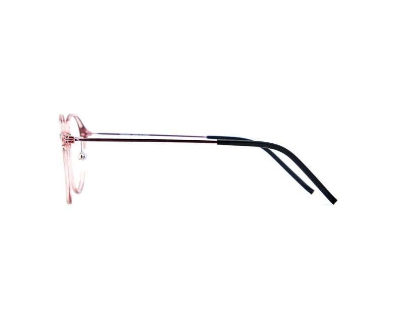 May include: A pair of eyeglasses with a translucent pink frame and thin metal temples. The temple tips are covered in black material. The glasses are shown from a side profile view, highlighting the round lens shape and the slender bridge design.