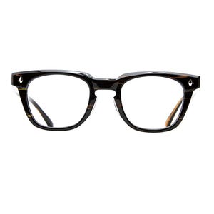 May include: Eyeglasses with a thick, dark brown and black tortoise shell patterned frame. The lenses are clear and rectangular with rounded edges. Each outer corner of the frame features a small, silver-toned, diamond-shaped metal accent.